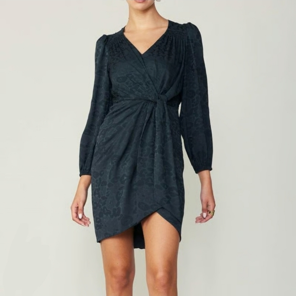 New Current Air Leopard Print Side Twist Tie Dress Charcoal Size Small